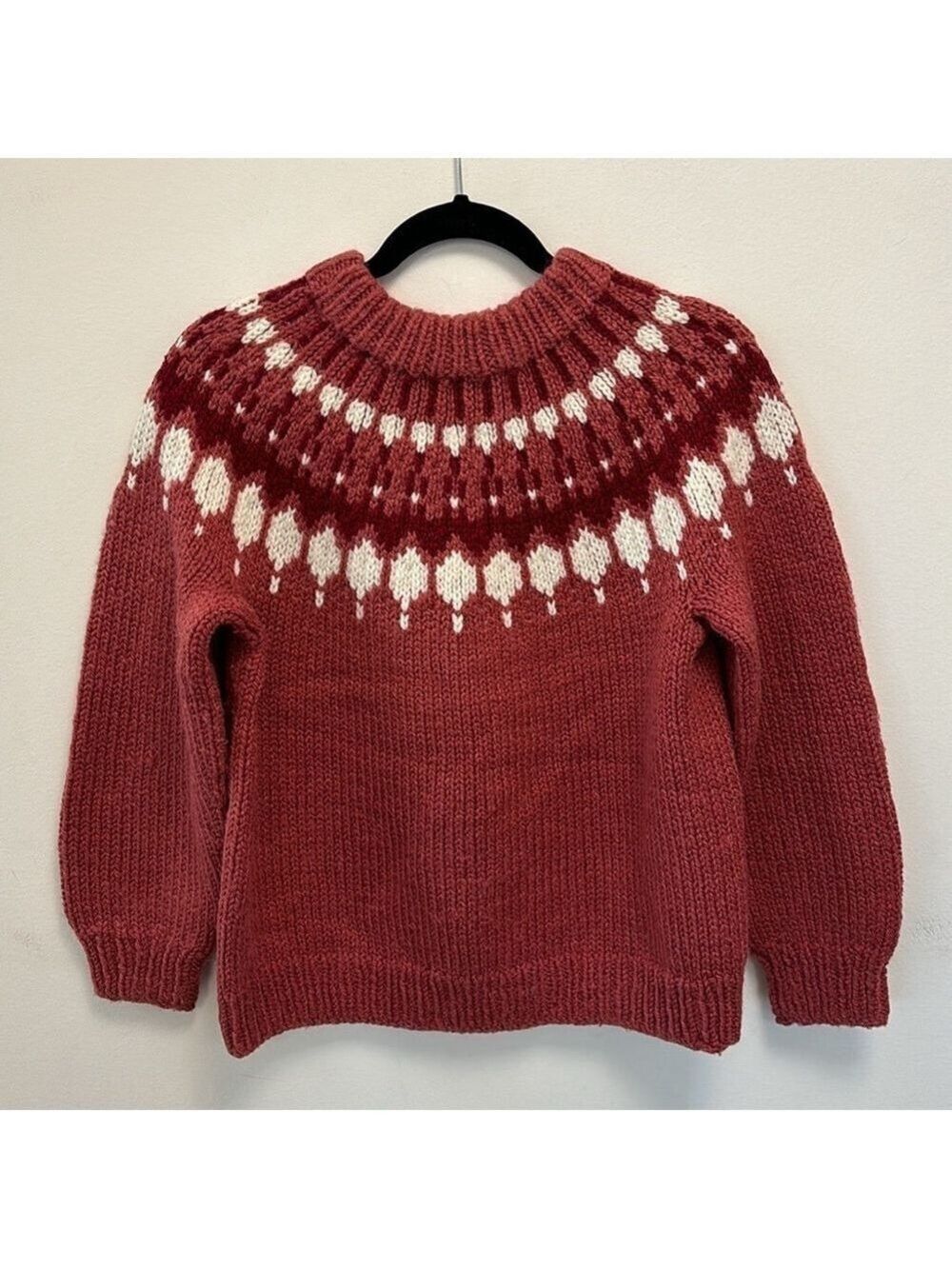 HANDKNIT fisherman fair isle sweater crew neck long sleeves raspberry medium - Picture 4 of 8